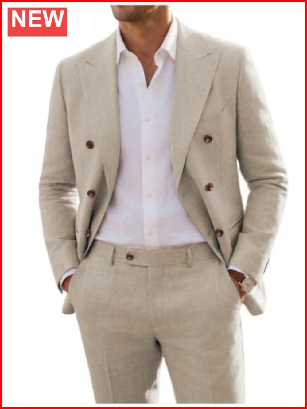 Mens Linen 2 Piece Suit Slim Fit Double Breasted Tuxedo Set